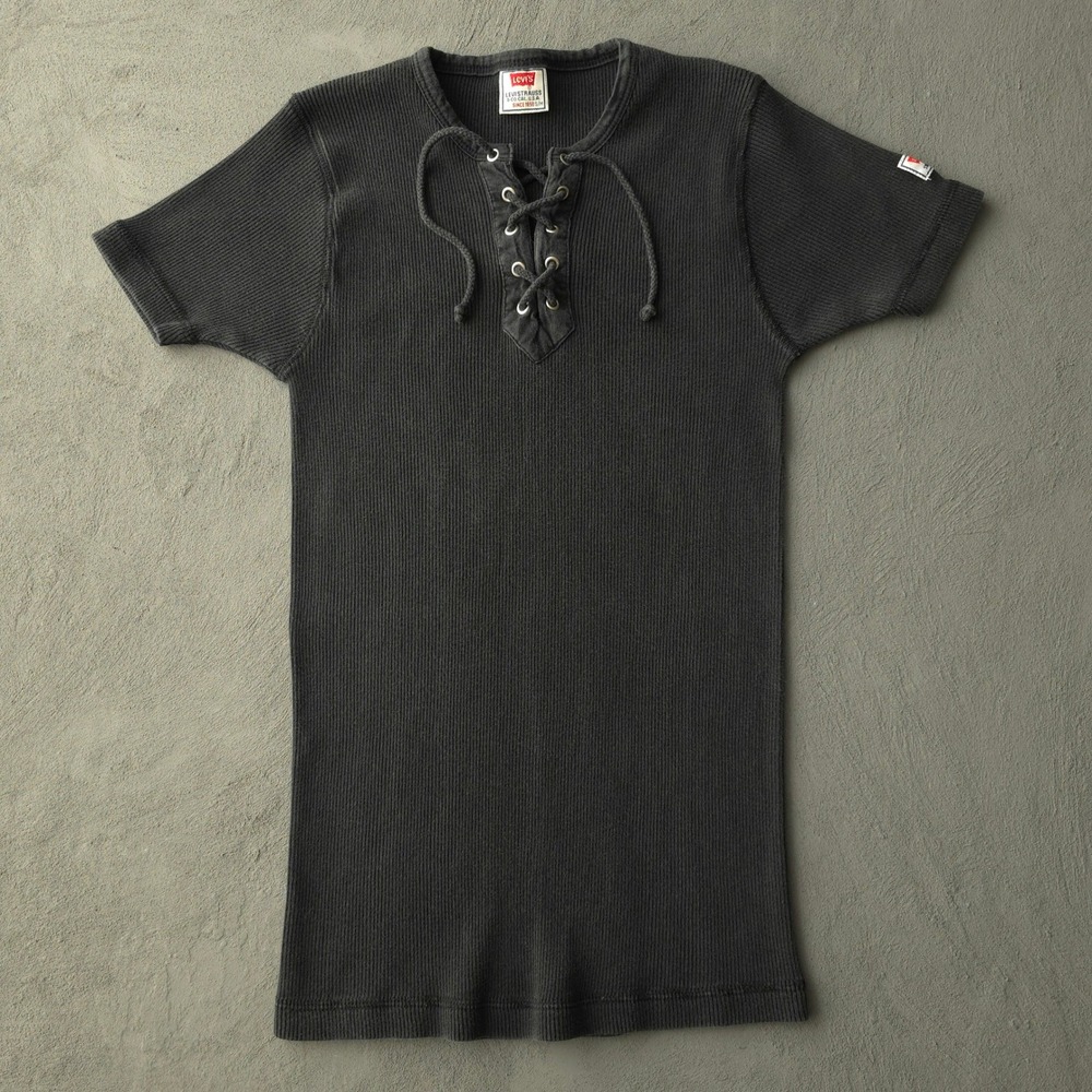 Vintage 90s Levi's Black Lace Up T-shirt S/M Ribbed Cotton Short Sleeve